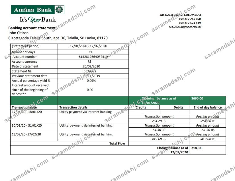Sri Lanka Amana bank proof of address statement template in Word and PDF format